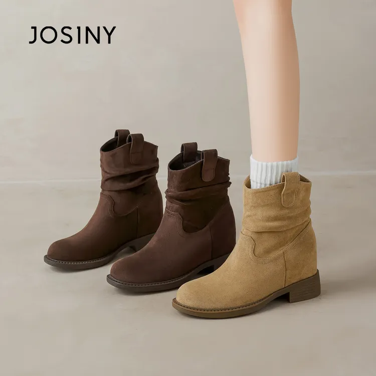 卓诗尼8.2CM内增高堆堆短靴女2025冬季新款中筒西部牛仔靴马丁靴