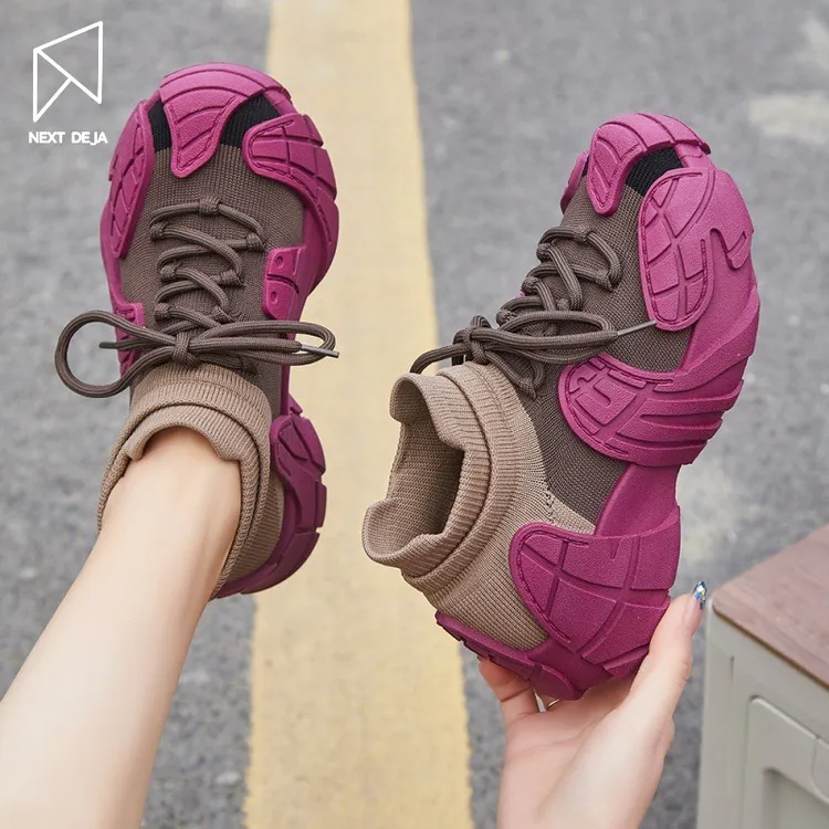 丑萌袜子鞋女2025秋冬新款飞织网面透气运动鞋厚底防滑登山休闲鞋