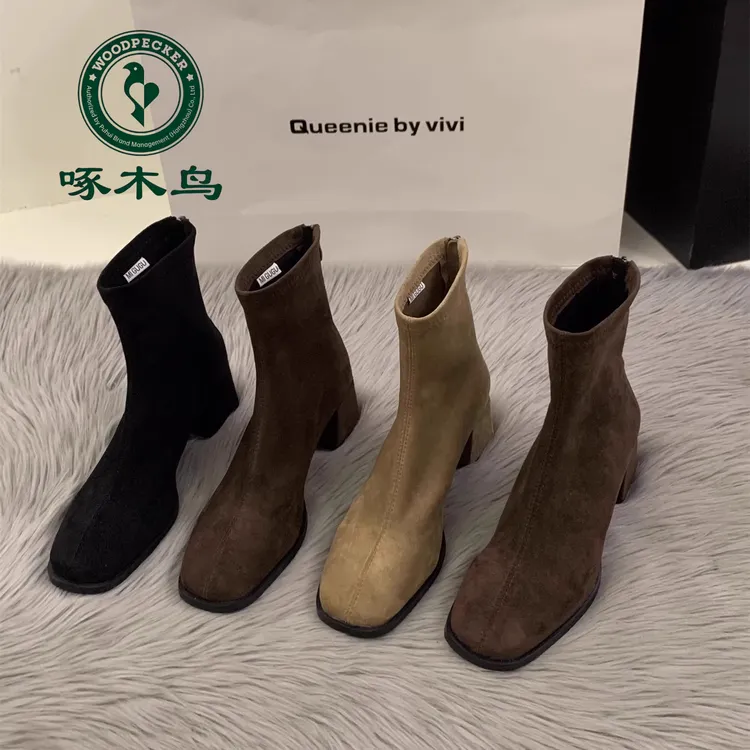 啄木鸟复古绒面方头瘦瘦短靴女2025秋冬韩系小踝靴高跟百搭马丁靴