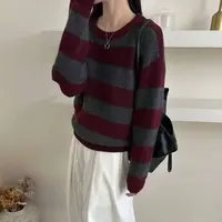 条纹冬季宽松型针织圆领毛针织衫长袖开衫撞色上衣0000