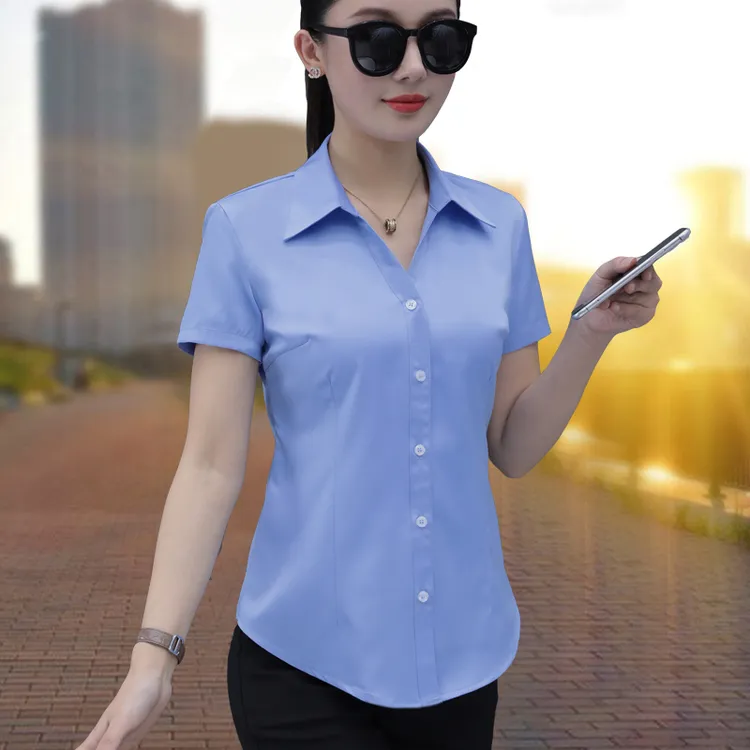 蓝色V领衬衫女短袖职业2025夏季新款韩版修身百搭工作服免烫衬衣