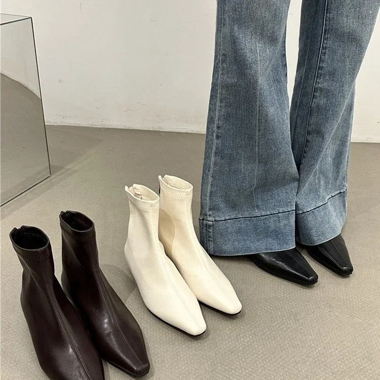 短靴尖头瘦瘦靴显瘦平跟方头法式坡跟细跟秋季粗跟靴