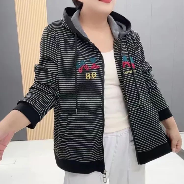 条纹中式连帽秋季免烫短外套潮流开衫百搭带帽春秋针织时尚-3185
