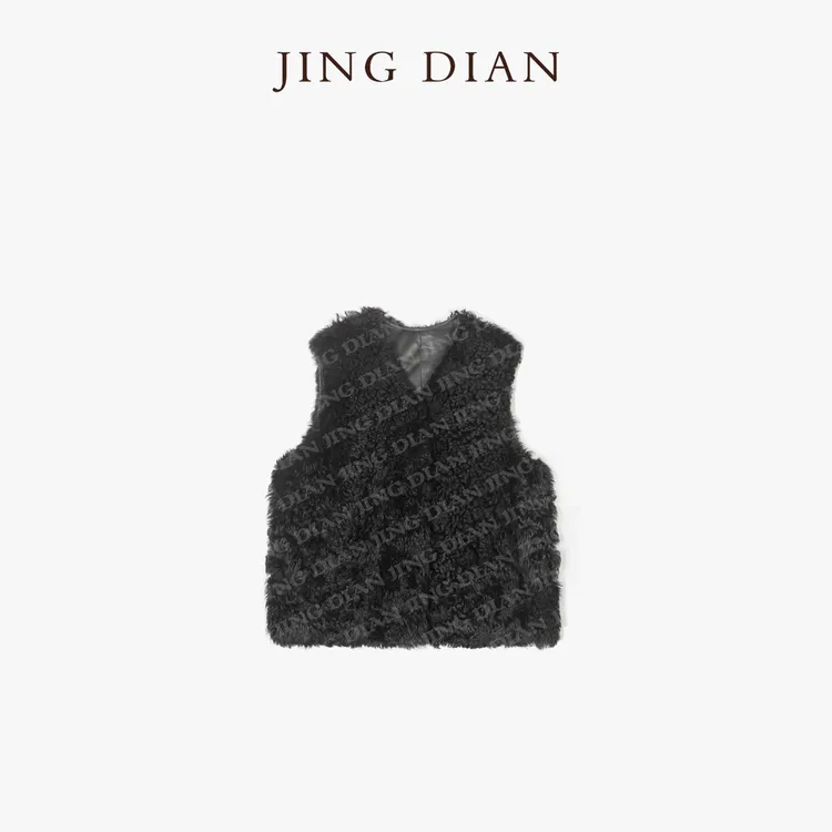 【JING DIAN】定制款黑色卷毛百搭托卡皮毛一体马甲