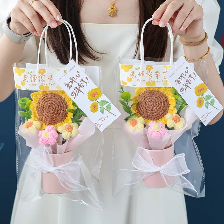 教师节礼物手工编织向日葵抱抱桶毛线花小圆桶成品花束送老师
