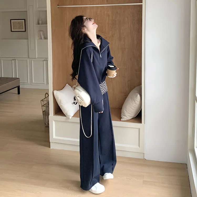 藏青色卫衣套装女阔腿裤2025春秋季新款韩系时尚小个子休闲三件套