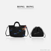 溶溶RONGRONG 头层牛皮绸缎手工编织彩虹拼色手提斜挎包888RR