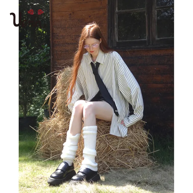 【失联信号】Uena美式复古条纹刺绣长袖衬衫慵懒风落肩袖宽松外套