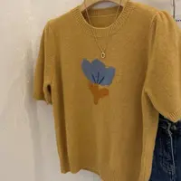 花朵郁金香短袖毛衣女春夏季慵懒风软糯泡泡袖圆领针织衫打底上衣