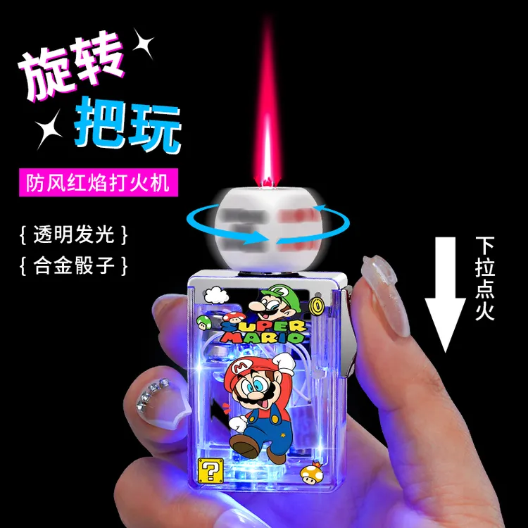 奇特旋转骰子充气防风打火机高颜值把玩粉色火焰小巧麻将点烟器
