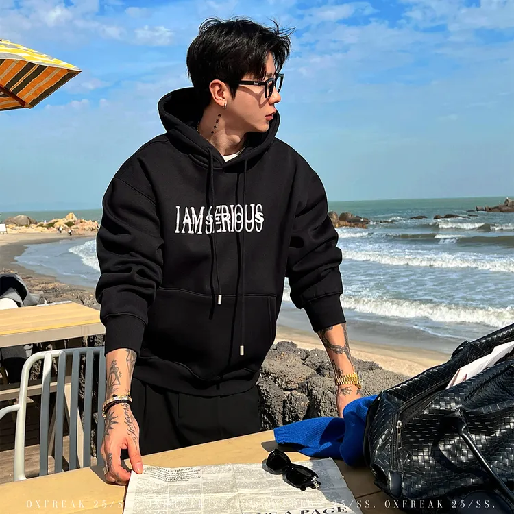 OXFREAK「重叠字母印花」500g重磅美式连帽卫衣男加绒加厚秋冬季