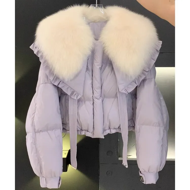 小香风洋气大毛领短款棉衣2025冬季减龄高级感紫色甜美棉服外套女