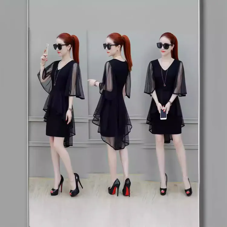 法式少女裙子纯欲风超仙高级感气质显瘦网纱中长款纯色遮肚连衣裙