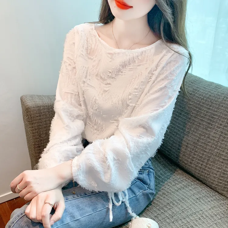 白色重工蕾丝衫长袖T恤上衣女春秋新款设计感抽绳别致超漂亮小衫