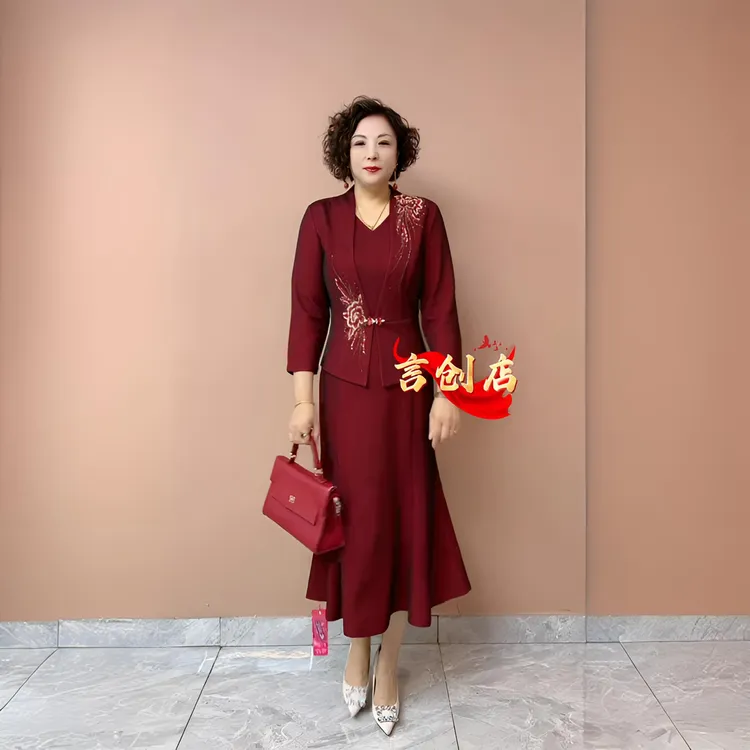 80265喜婆婆婚宴装十月份结婚妈妈婚礼服高贵大码假两件连衣裙秋