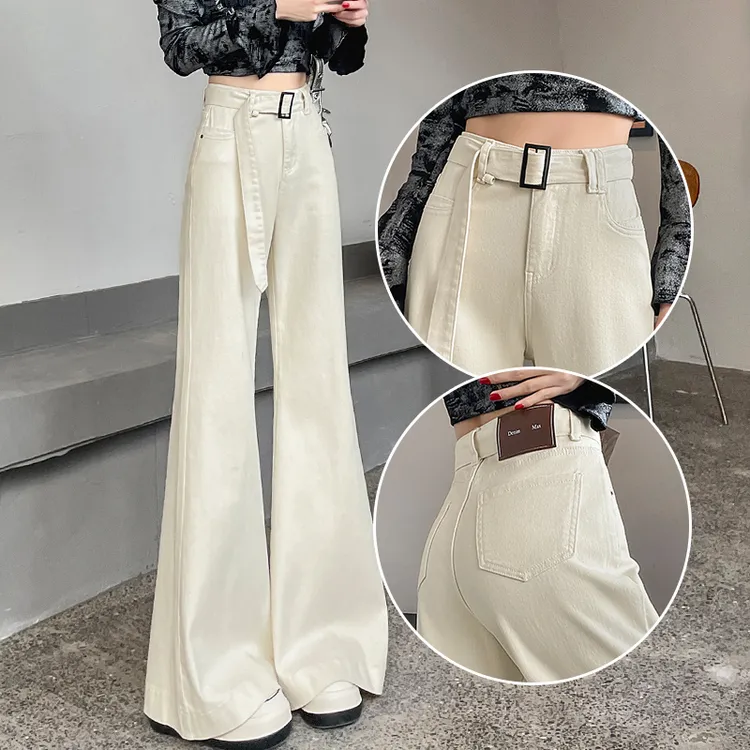 蜜蜜穿搭米白色阔腿牛仔裤女大裤脚2025秋季高腰设计感拖地裤子