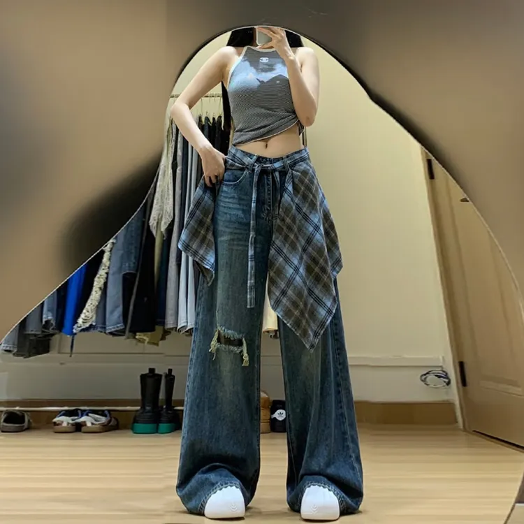 可拆卸屁帘破洞牛仔裤女2025初秋美式复古高个子宽松直筒阔腿长裤