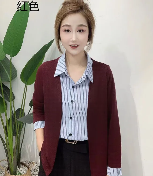 2025秋季气质洋气翻领假两件开衫条纹衬衫外套女 假两件条纹开衫