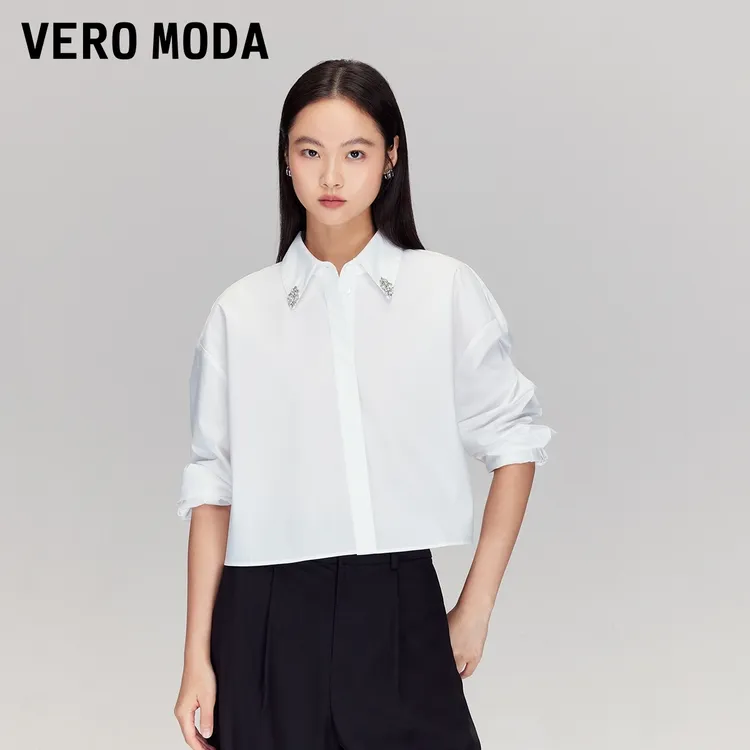 Vero Moda衬衫女2025秋季新含棉正肩水钻隐形纽扣衬衫松弛感百搭