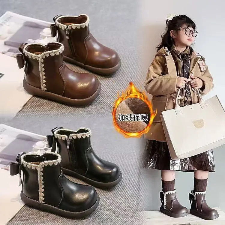 2025冬季新款女童森系韩版洋气二棉靴子加绒保暖公主靴蝴蝶结靴