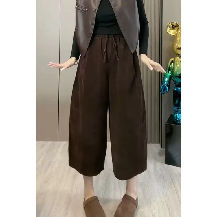 艾塔莉秋季厚款条绒裤中腰松紧腰休闲裤小个子美拉德风百搭九分裤