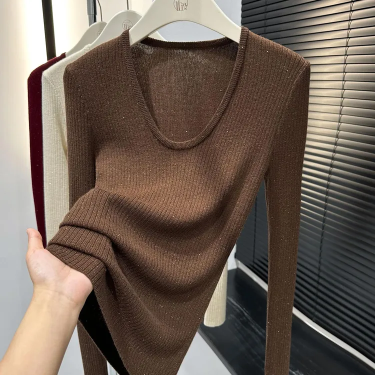 高档U领细闪内搭修身显瘦针织打底衫秋冬爆款简约长袖上衣T恤女