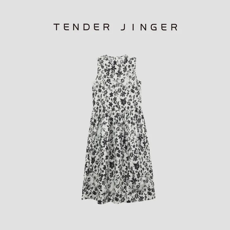 Tender Jinger法式气质圆领无袖印花连衣裙T52YGG30306