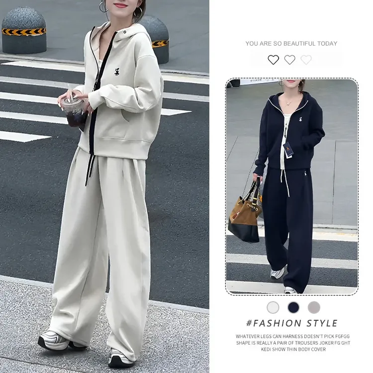 高级感灰色休闲运动套装女2026秋季新款连帽卫衣阔脚裤时尚两件套