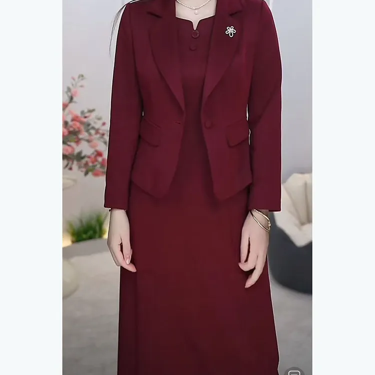 2025秋季二件套气质时尚结婚商务红色连衣裙修身中年妈妈喜婆婆