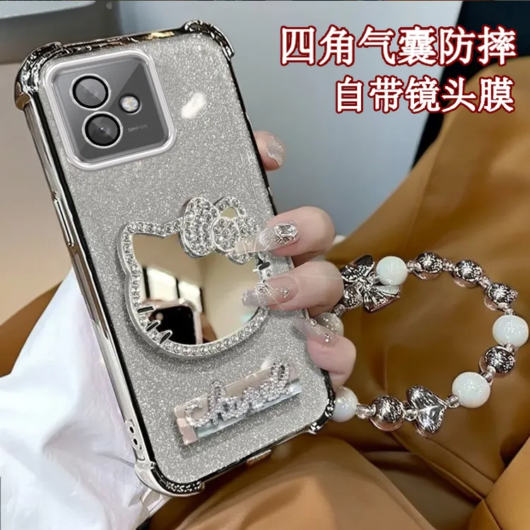 水钻KT猫补妆镜子华为荣耀X60GT手机壳四角防摔AGI-AN00全包Honor