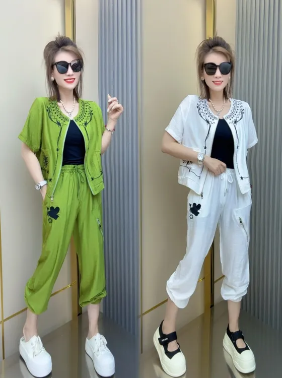 夏季显瘦洋气薄款女士时尚休闲冰丝开衫套装两件套