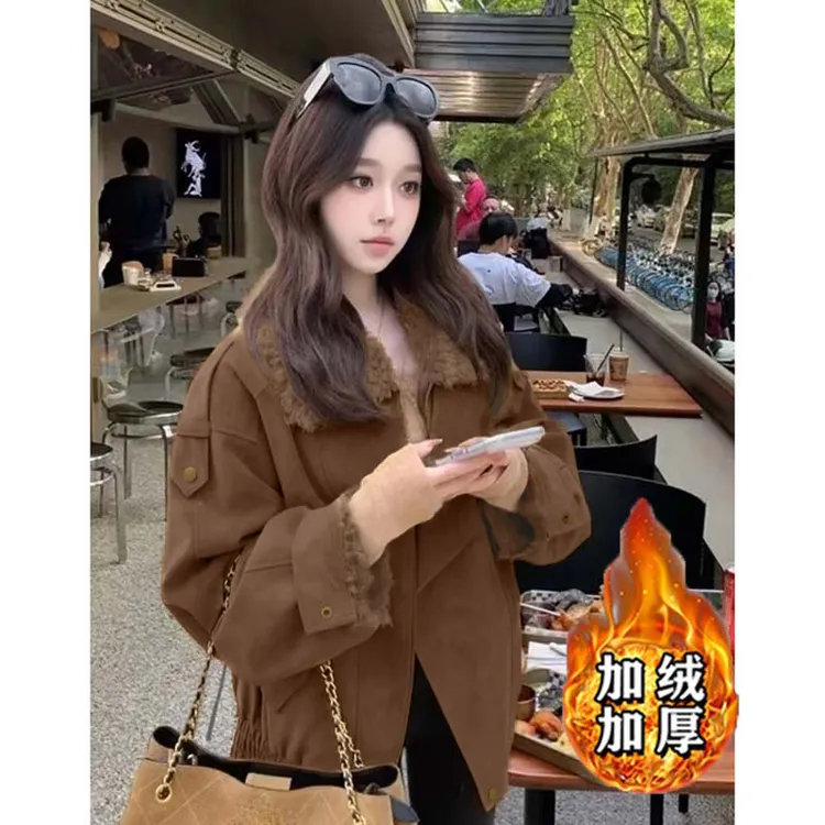 宽松【加绒加厚】高级感复古毛领洋气外套2025秋冬老钱风外套QJ0277