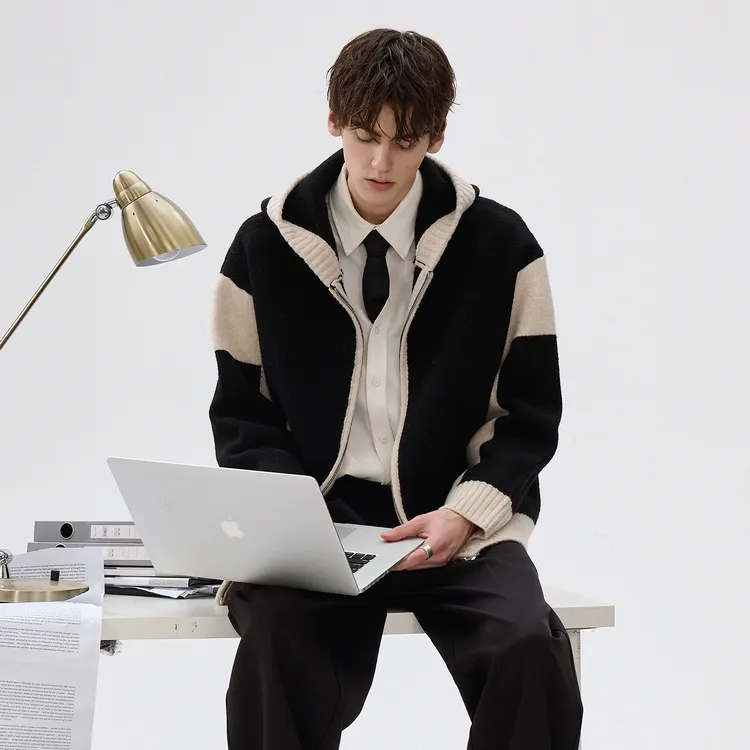 CHICERRO西西里男装高级冬季撞色连帽毛衣外套休闲针织宽松保暖