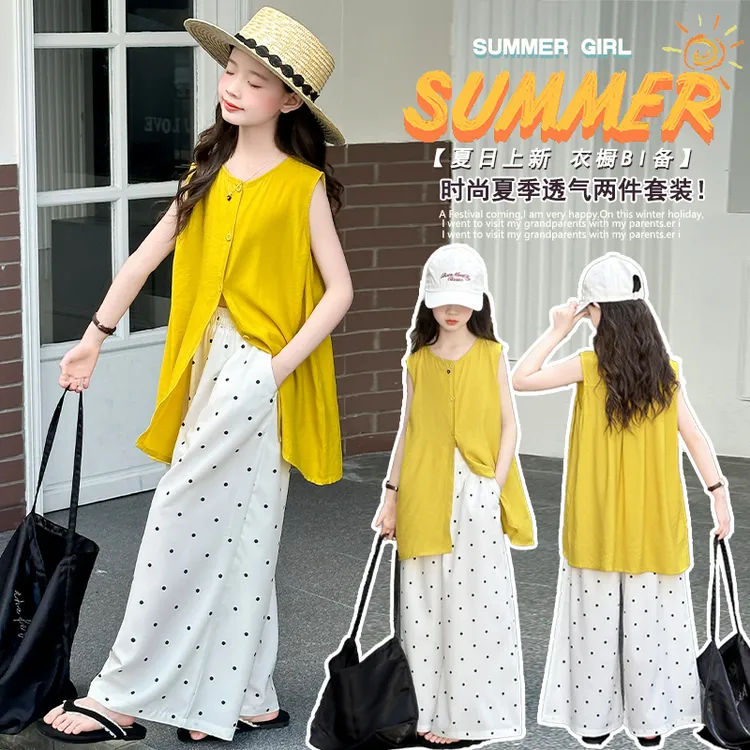 女童无袖开衫套装夏季2025新款波点裙裤中大童阔腿裤潮酷韩系穿搭