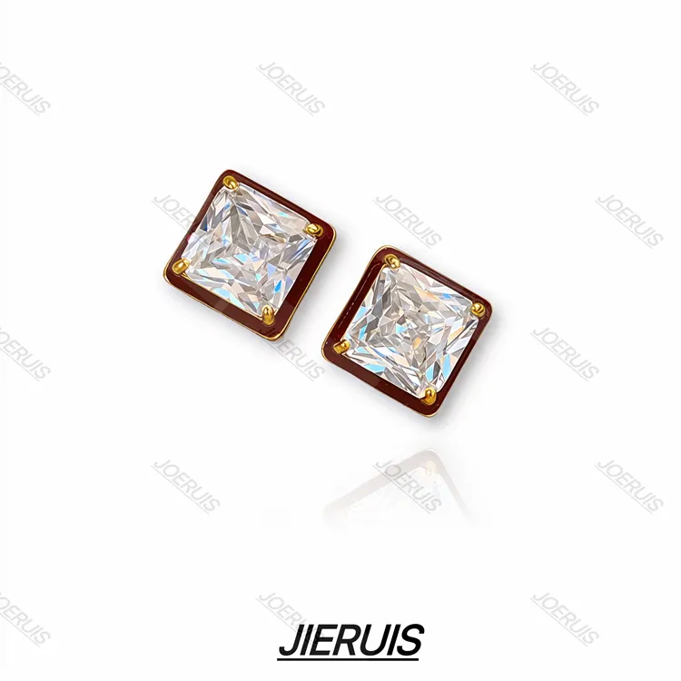 铜合金锆石耳饰 【流年】彩色珐琅几何耳钉高级感精致方形耳环轻奢