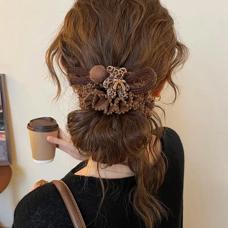 豹纹小熊毛球大肠发圈女高级感低马尾皮筋头花盘发丸子头发绳