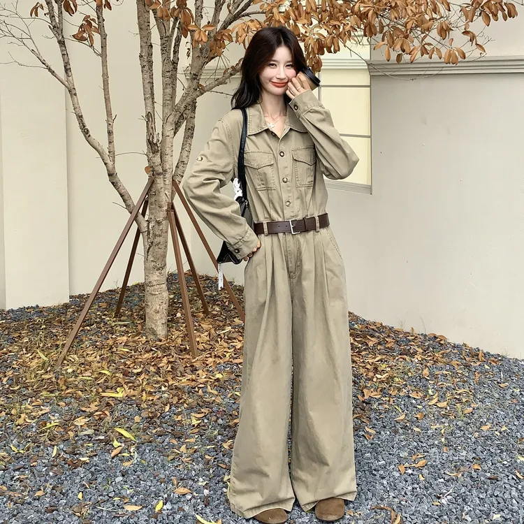 酷飒通勤休闲风工装连体裤女2025秋季新款韩版时尚减龄高腰阔腿裤