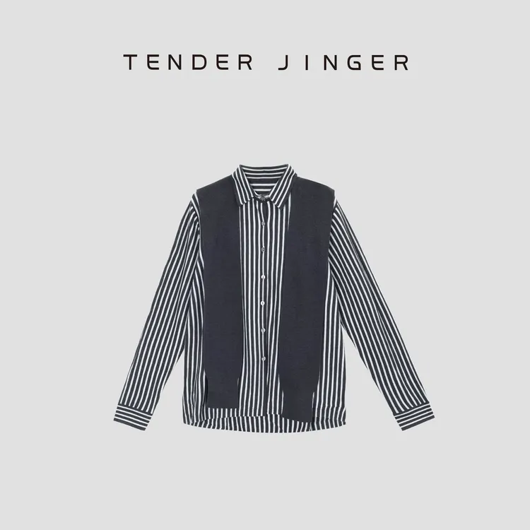 Tender Jinger气质撞色竖条纹带披肩长袖针织衬衫T53SCC988T