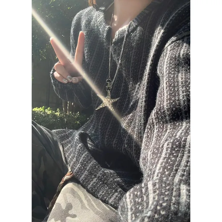 鱼骨纹毛衣V领男秋冬季慵懒风针织黑色美式复古宽松休闲百搭外套