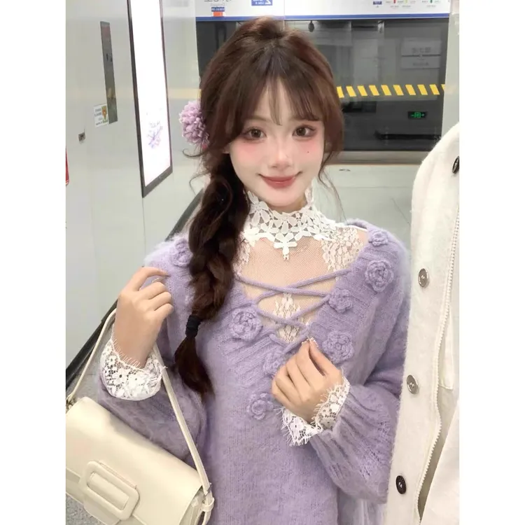 紫色圣诞毛衣女秋冬24新款宽松慵懒露肩立体花朵马海毛高级感上衣