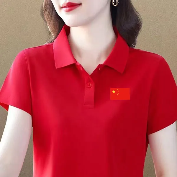 妈妈款有领POLO衫显瘦减龄时尚休闲运动百搭国潮夏季出游红色T恤