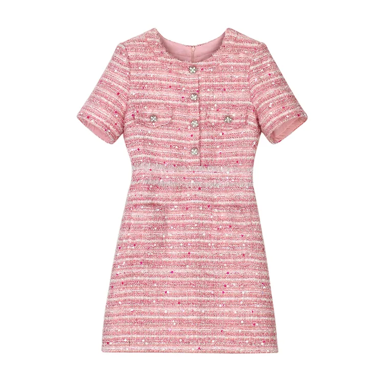 【龙哥质造】2025秋名媛小香风粗花呢粉色短袖收腰显瘦连衣裙29116