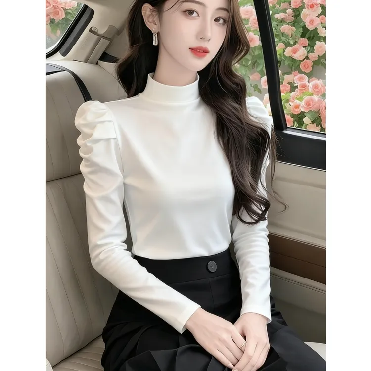 高级感泡泡袖半高领德绒打底衫女秋冬款修身内搭长袖上衣保暖秋衣
