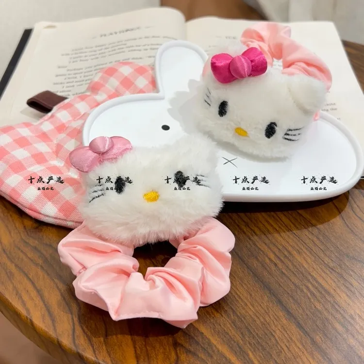 可爱粉色Kitty猫大肠发圈女卡通百搭慵懒风扎头发低马尾头绳发饰