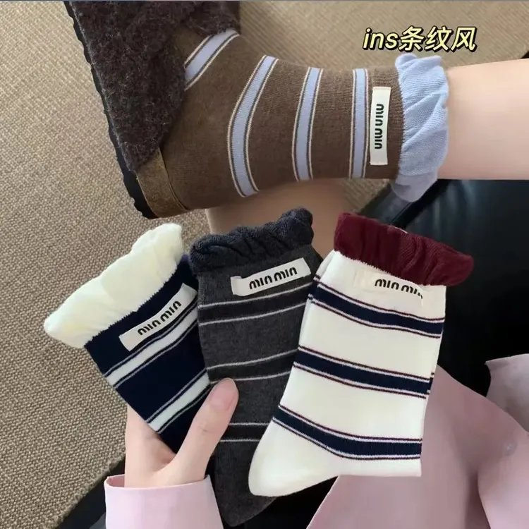 韩系泡泡口条纹秋冬中筒棉袜百搭ins复古女条纹秋季极简风中筒袜