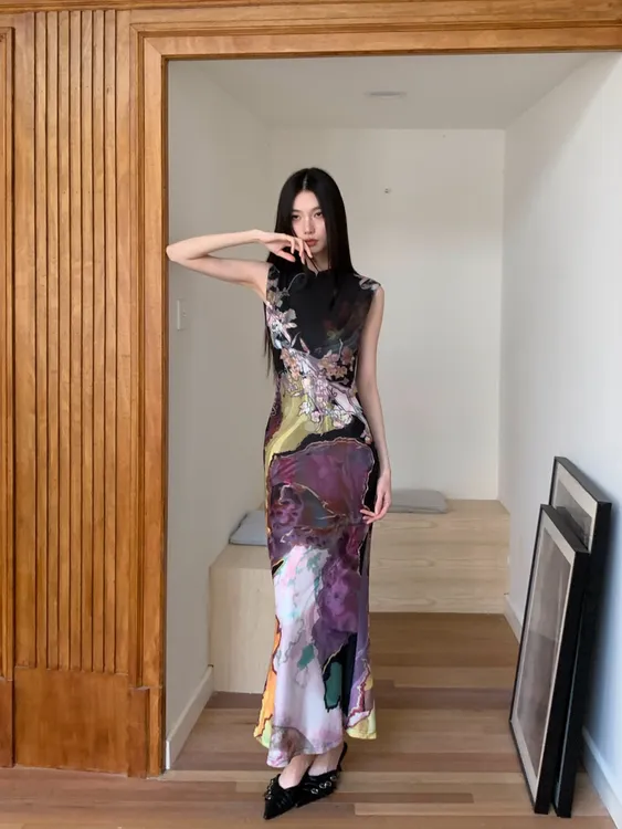 “三彩”新中式前后两穿撞色下摆开叉旗袍连衣裙女印花鱼尾背心裙子