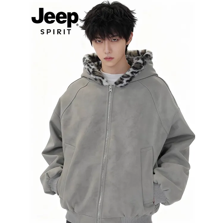 JEEPSPIRIT美式双面穿豹纹连帽棉服男女冬季加绒棉衣宽松保暖外套