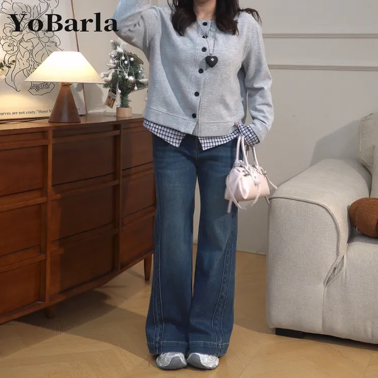 复古高腰不贴腿微喇牛仔裤女秋冬新款大码胖mm宽松显瘦喇叭弹力裤