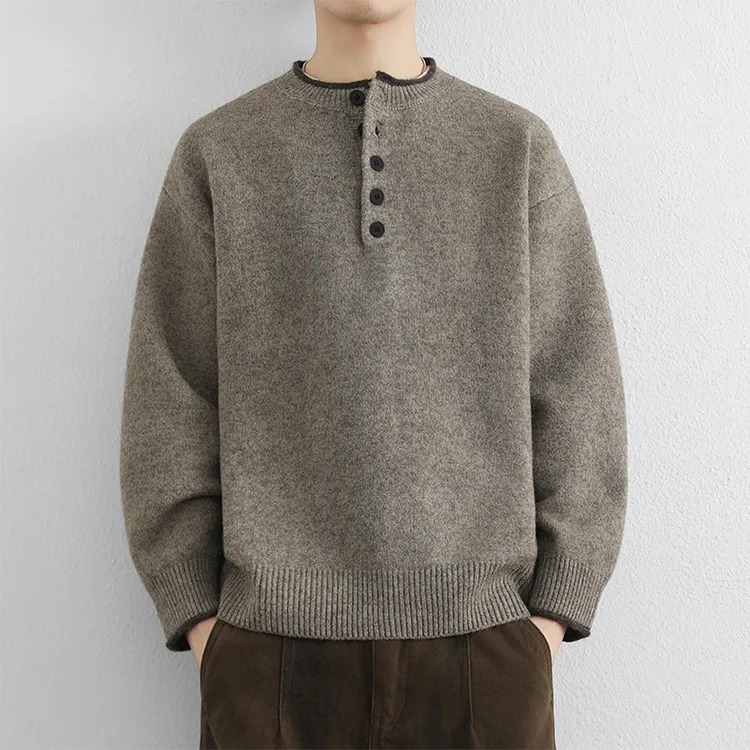 高级感亨利领撞色毛衣男秋冬季新款美式慵懒风百搭加厚打底针织衫