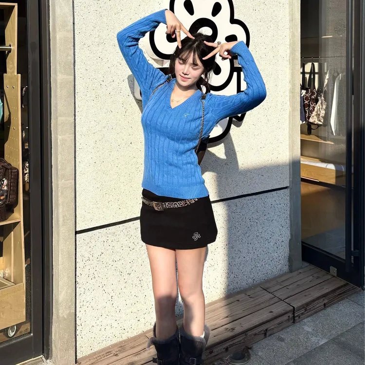 KSXN蓝色V领毛衣女高级感针织长袖简约百搭打底上衣